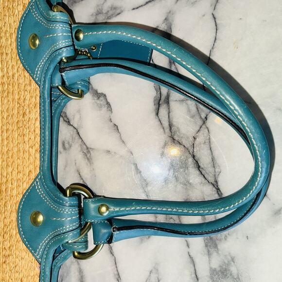 Vintage Coach Bleecker Natural Straw Tote Bag Teal Leather Boho Chic 15x13" Y2K - Picture 5 of 11